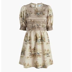 Hill House Mini Dress in Cream Toile Print with Brown Smocking